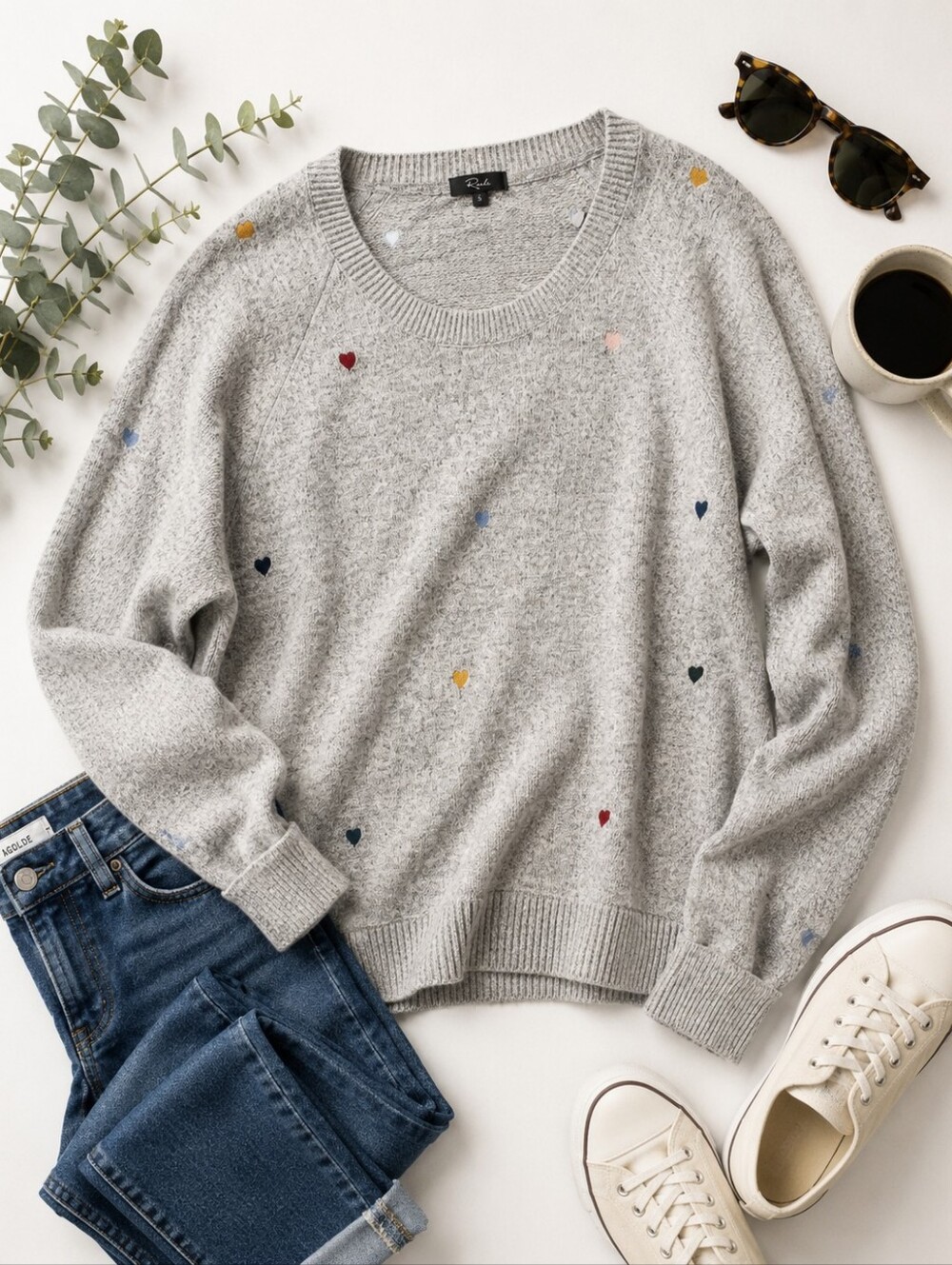 Rails Gray Embroydered Hearts L Sleeve Ltweight Sweater. Ladies Large